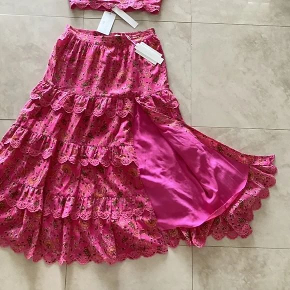 Caroline Constas 2pc Set Crop Spaghetti Top Maxi Skirt Pink Cotton Eyelet Ruffle - Picture 7 of 16